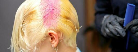 Young caucasian woman tints hair roots in pink color in a beauty salon. photo