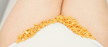 Sugaring concept. Wax granules lying in a row on female bikini area close up. photo