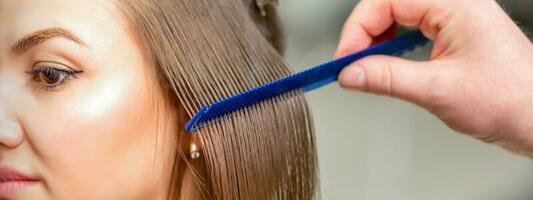 Hairdresser straightens female brown hair of medium length with a hair with an iron hair straightener and comb in a beauty salon. photo