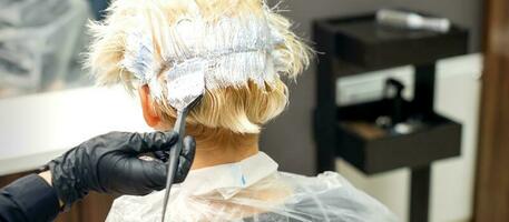 The professional hairdresser is dyeing the hair of her female client in a beauty salon. photo