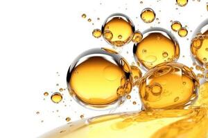 Golden yellow abstract oil bubbles or face serum isolated on white background.  AI Generative photo