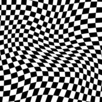 Black and white psychedelic wavy chess board background. 3d optical illusion ripple effect checkered seamless pattern. Vector illustration.