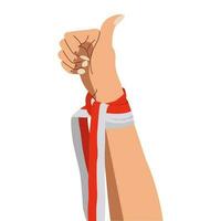 hands gesturing thumbs up wearing Indonesian red and white ribbon. Indonesia's independence 17 agustus 1945 vector