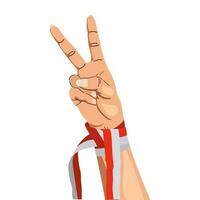 hands gesturing peace sign wearing Indonesian red and white ribbon. Indonesia's independence 17 agustus 1945 vector