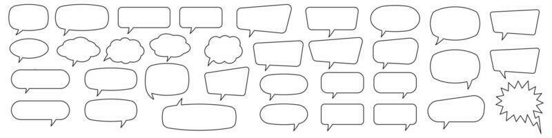 Speech bubbles set of outlined circle, distorted rectangle and square blank. Trendy line shapes, speech balloon, chat bubble on white background, vector design elements.