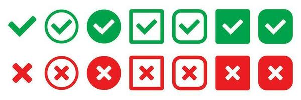 Set green approval check mark and red cross icons in circle and square, checklist signs, flat checkmark approval badge, isolated vector tick symbols.