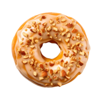 Donut avec cacahuète beurre glaçage et amande Garniture Haut voir, ai généré png