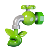 Water tap icon and leaf faucet icon isolated. icon isolated. Ecology and environment icon concept. 3D render illustration. png