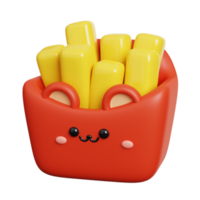 français frit Patate dans une rouge pack boîte. mignonne vite nourriture personnage isolé. 3d le rendu png