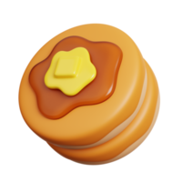 Stack of pancakes with maple syrup and piece of butter. Fast food meal and dessert icon isolated. 3D Rendering png