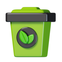 Green recycling bin with leaves isolated. ecology and environment icon concept. 3D render illustration. png