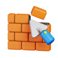 Brick wall with trowel. Construction tools minimal icon isolated. 3D render illustration. png