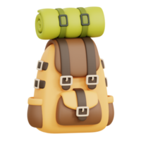 Camping backpack and sleeping mat isolated. Camping and hiking equipment. Summer camp and holiday vacation. 3D rendering png