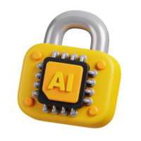 AI chip with padlock icon isolated. AI support in business and artificial intelligence technology concept. 3D Render illustration. png