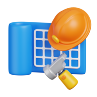 Hard hat with blueprints and hammer. Construction tools minimal icon isolated. 3D render illustration. png