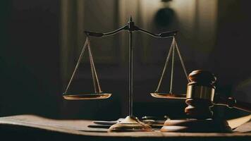 Justice and law concept.Male judge in a courtroom with the gavel, working with, computer and docking keyboard, eyeglasses, on table in morning light video