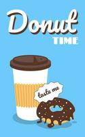 tarjeta para café comercio, panadería. chocolate rosquilla con café. rosquilla tiempo, desayuno, publicidad. vector ilustración en dibujos animados estilo. minimalismo