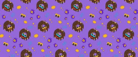 Seamless pattern of funny donut characters. Vector illustration of donut mascot and funny expressions. Children's funny background.