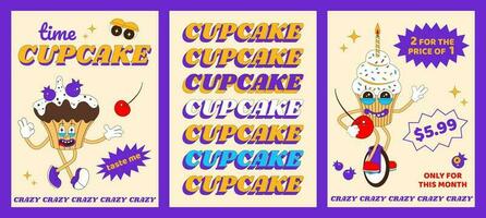 Cupcake character poster set. Funny cupcake mascot for bakery, cafe, restaurant. Vector illustration in psychedelic retro style.