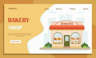 Bakery Shop Landing Page. Fresh Bread and Bakery Product Home Page. Web shop. Bakery building on the groungd of the city. Vector illustration.