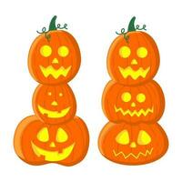 Horrible pumpkins standing on top of each other, decorations for the Halloween holiday. The composition of cute orange pumpkins for Halloween is isolated on a white background. vector