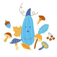 otoño calabaza para Víspera de Todos los Santos, decorado con otoño bosque plantas de diferente colores. un azul calabaza rodeado por hojas y hongos es aislado en un blanco antecedentes. vector