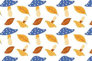 Mushrooms and leaves, seamless flat pattern. Autumn mushroom pattern, cheerful autumn forest, isolated. vector