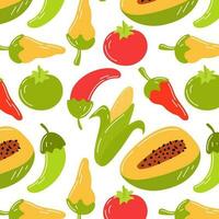 un colección de mexicano vegetales y frutas, papaya, caliente pimientos, Tomates y maíz. un conjunto de dibujos animados estilo vegetales aislado en un blanco antecedentes. vector