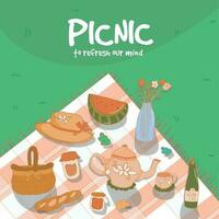 picnic poster with teapot and tea time bread, cart, fruit, flower, leather hat, and jam in beautiful garden vector