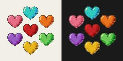 Set of colorful vintage hearts in retro style. Good for groovy, hippie style vector