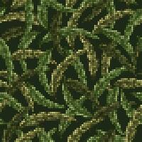 Camouflage green pattern with leaves. Pixel effect. Dense composition with overlapping elements. Army or hunting masking ornament for clothing, fabric, textile, sport goods design. vector