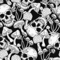 Pattern with human skull, mushrooms vector