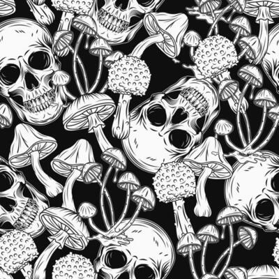 Pattern with human skull, mushrooms