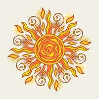 Sun with spirals, swirls, halftone shapes. vector