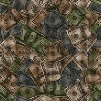 Brown khaki camouflage pattern with 100 dollar banknotes. Pixel retro effect. Army or hunting green masking ornament for apparel, fabric, textile, sport goods. vector