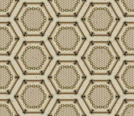 Hexagonal pattern with rope lacing, chains, hexagon net on beige textured background. Vintage style.