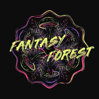 Circular pattern with mushrooms, forest foliage in grunge style. Bright objects in neon fluorescent colors.