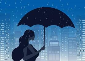 joven mujer participación paraguas en lloviendo día, caminando debajo el lluvia vector ilustración