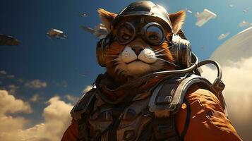 anthropomorphic cat fighter pilot, digital art illustration photo