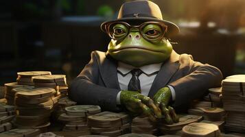 anthropomorphic frog investor, digital art illustration photo