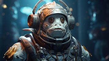 anthropomorphic fish space explorer, digital art illustration photo