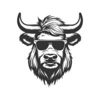 yak wearing sunglasses, vintage logo line art concept black and white color, hand drawn illustration vector