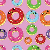 Cute donut kawaii with eyes and mouth seamless pattern vector