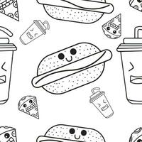 Black and white cute burger coke seamless pattern. Fast food background. Kawaii vector