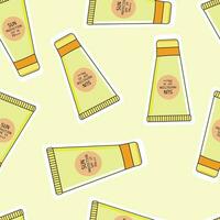 Cute seamless pattern with sunscreens in a tube. Spf protection. Hand drawn simple doodle clipart. Perfect for fabric, textile, cards, banner,wrapping vector