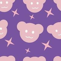 Teddy bear drawing on retro seamless pattern on purple background. Repeated texture background. Vector illustration design.