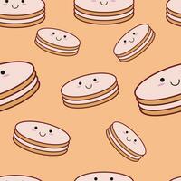 Cute kawaii cookies hand drawn seamless pattern. Sweet biscuits background. Vector cartoon isolated illustration on peach background.