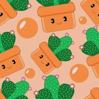 Vector cactus seamless pattern. Kawaii cactus with fun faces. Ideal for baby textiles or wrapping paper.