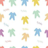 Cute seamless pattern of colorful baby or children's clothes on white  background. Infant vector clothes. Clothing infant baby dress and suit illustration.