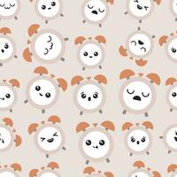 Super cute seamless pattern with happy Clocks illustration. Fun texture about Time with cartoon Alarm Clocks. vector